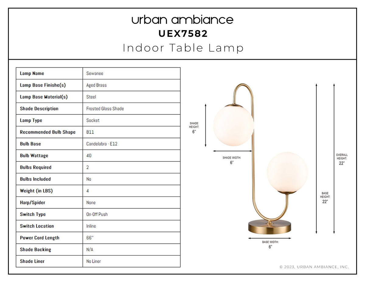 UEX7582 Mid-Century Modern Table Lamp 13''W x 10''D x 22''H, Aged Brass  Finish, Sewanee Collection