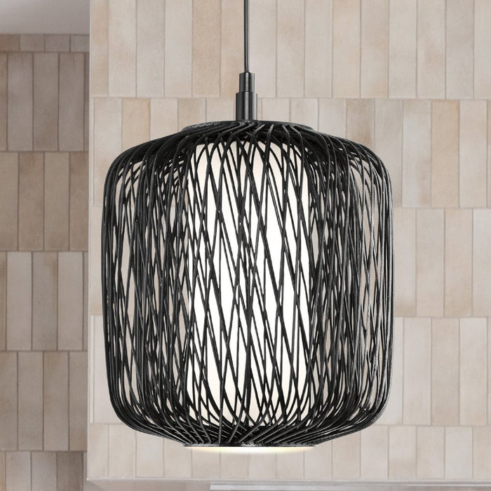 UHP4531 Natural Indoor Pendant, 14''H x 10"W x 10''D, Black Rattan Finish, Bedford Collection