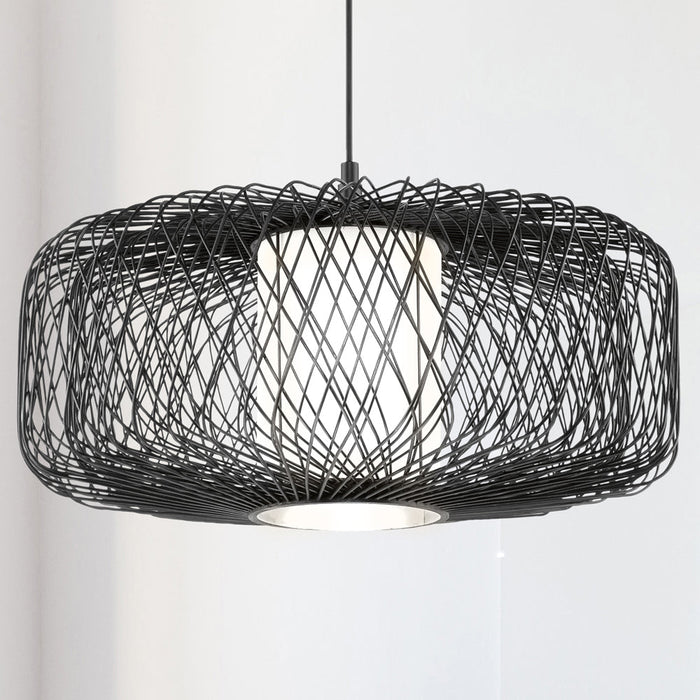 UHP4535 Natural Indoor Pendant, 12''H x 22"W x 22''D, Black Rattan Finish, Bedford Collection