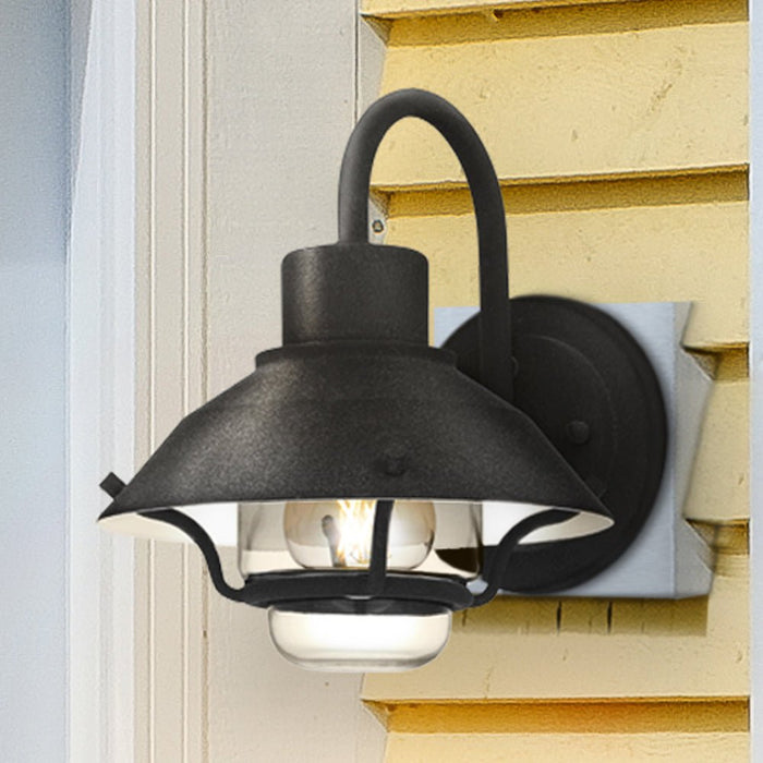 UQL1970 Utilitarian Outdoor Wall Sconce, 9.5''H x 8''W x 9.25''D, Mottled Black Finish, Logan Collection