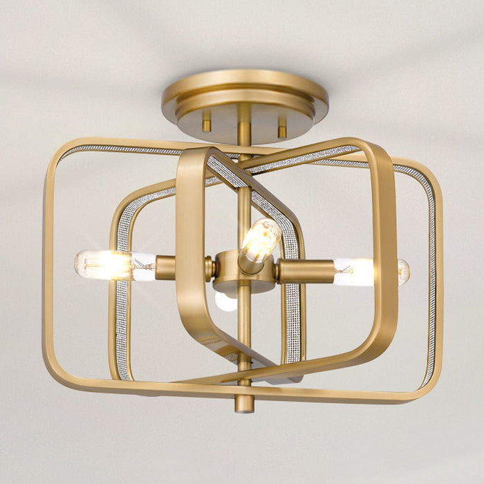 UQL4723 Mid-Century Modern Indoor Ceiling Light, 13.00''H x 14.00''W x 9.25''D, Brushed Weathered Brass Finish, Newbury Collection