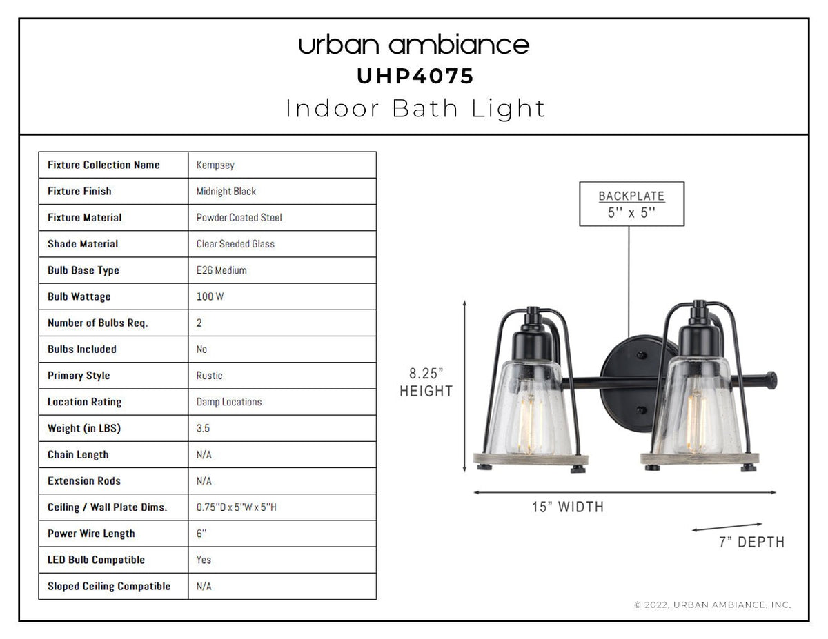 UHP4075 Coastal Bath Light 8.25''H x 15''W, Midnight Black Finish, Kem ...