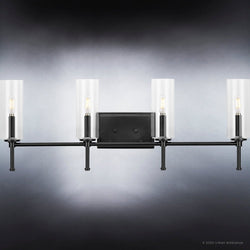 Unique lighting fixture for contemporary bath with beautiful glass shades and a midnight black finish from the Parkes Collection by Urban Ambiance.